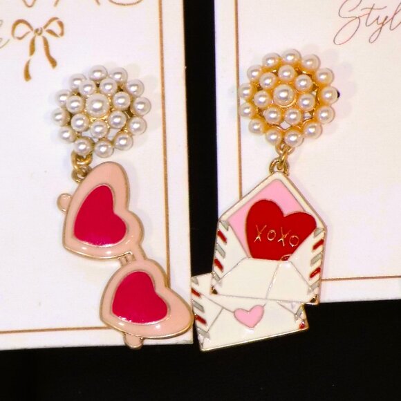 New $103 Lot 5 Pairs Canvas Style Beaded Dangle Heart Love Fun Earrings Bundle - Picture 4 of 6